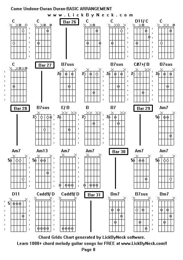 Chord Grids Chart of chord melody fingerstyle guitar song-Come Undone-Duran Duran-BASIC ARRANGEMENT,generated by LickByNeck software.